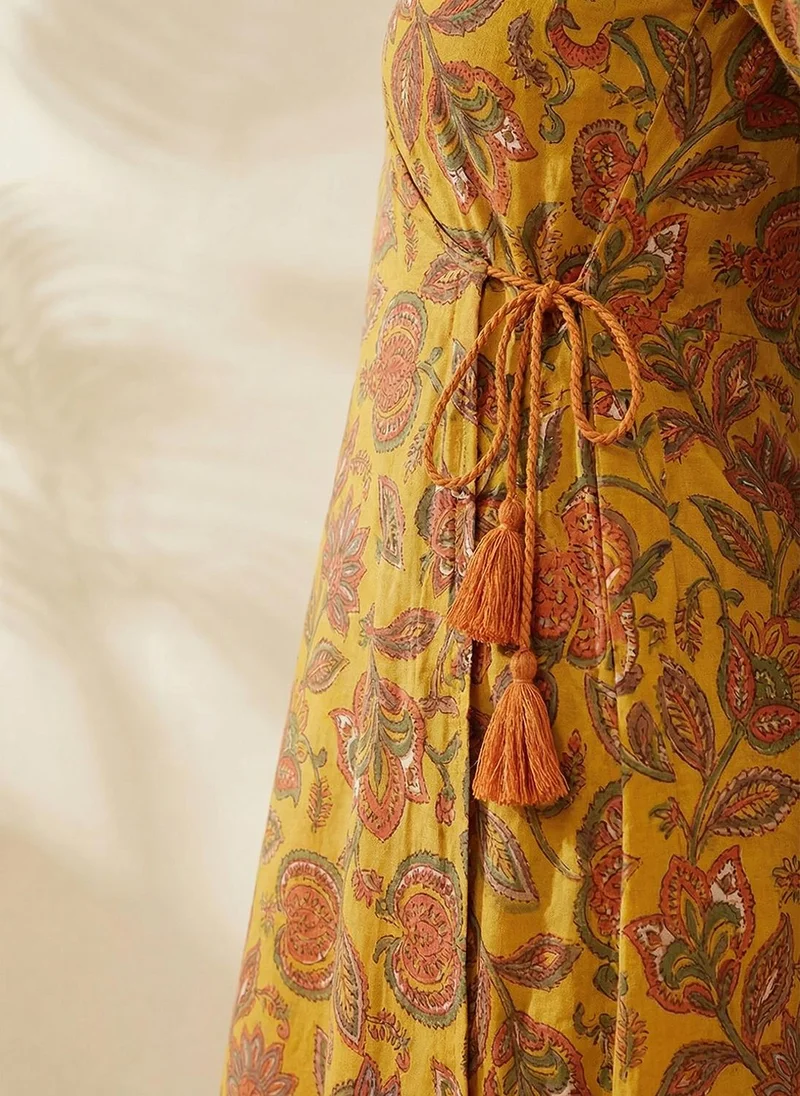 globus Yellow Globus Women Yellow Allover Floral Printed Wrap V-Neck Angrakha A-Line Kurta for Women | Best Price UAE